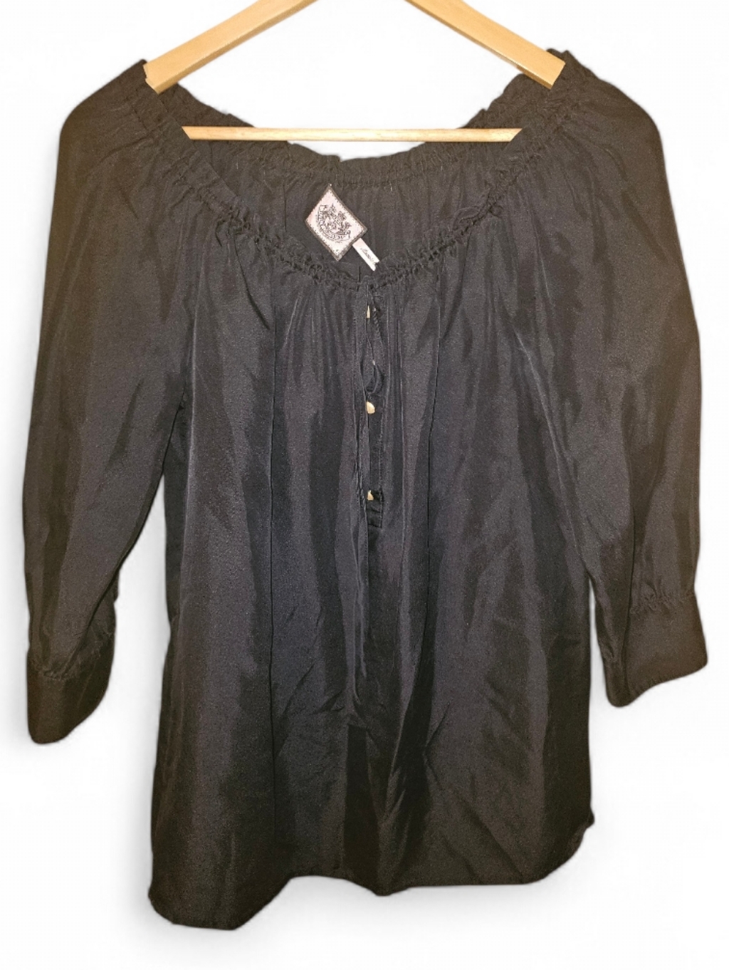 Juicy Couture Vintage Black Silk Gold Tie Front Elastic Neck Blouse - Size 4